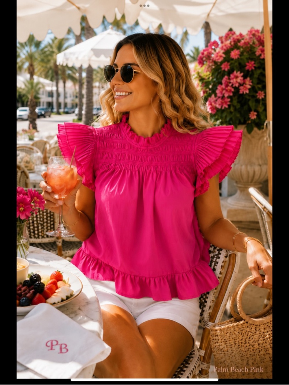 Love The Label Palm Beach Pink Ruffle Sleeve Blouse Large Resort Cotton Top